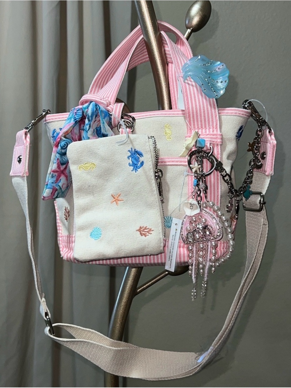 Madden Girl Pink and Cream Kids Tote with Embroidered Sea Motifs